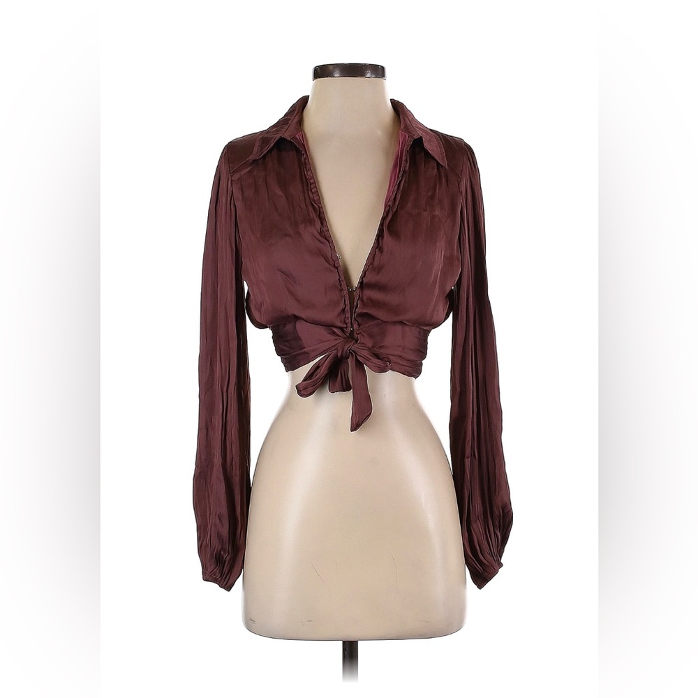 The Reset Satin Tie Front Blouse Brown Cropped Long Sleeve S